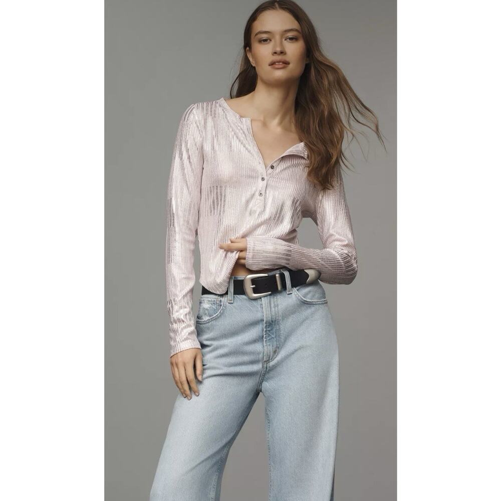 Anthropologie Pilcro The Andie Ribbed Henley Pink Shimmer Top Medium Ethereal